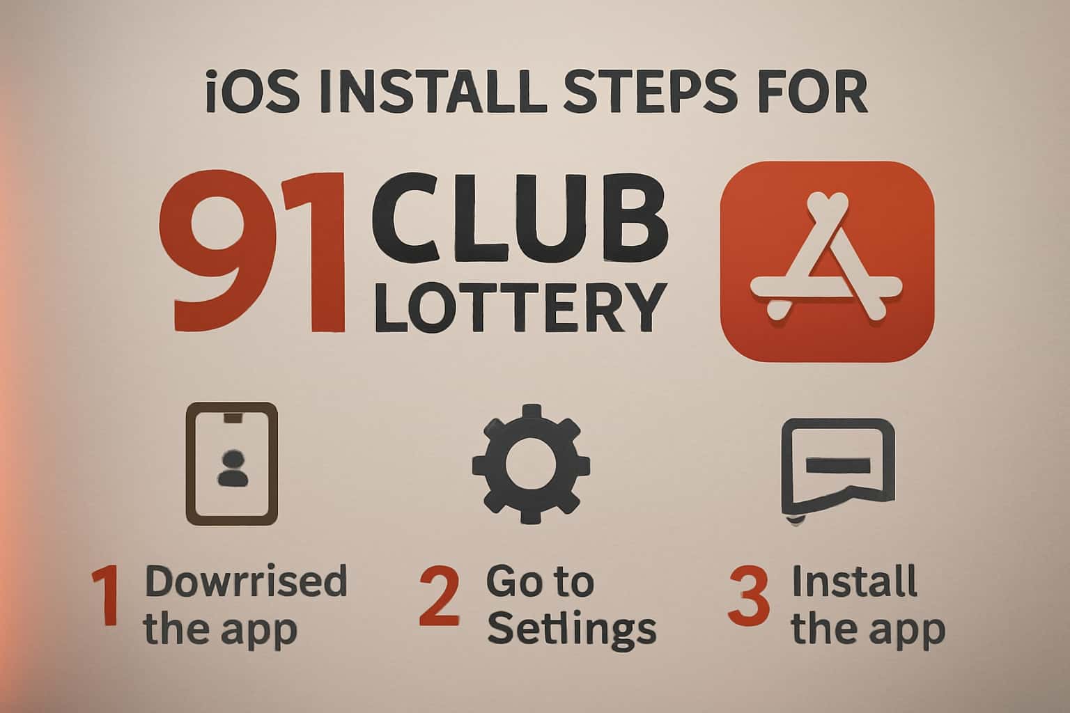 Informational image depicting the installation steps for the 91 Club Lottery on iOS devices.