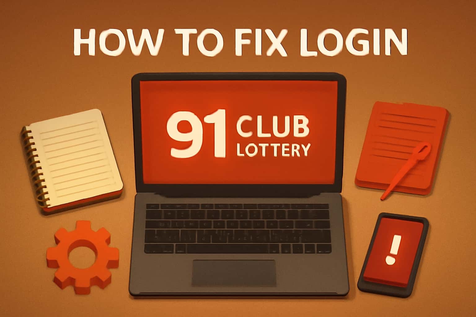 An informational scene depicting troubleshooting steps for 91 Club Lottery login issues.